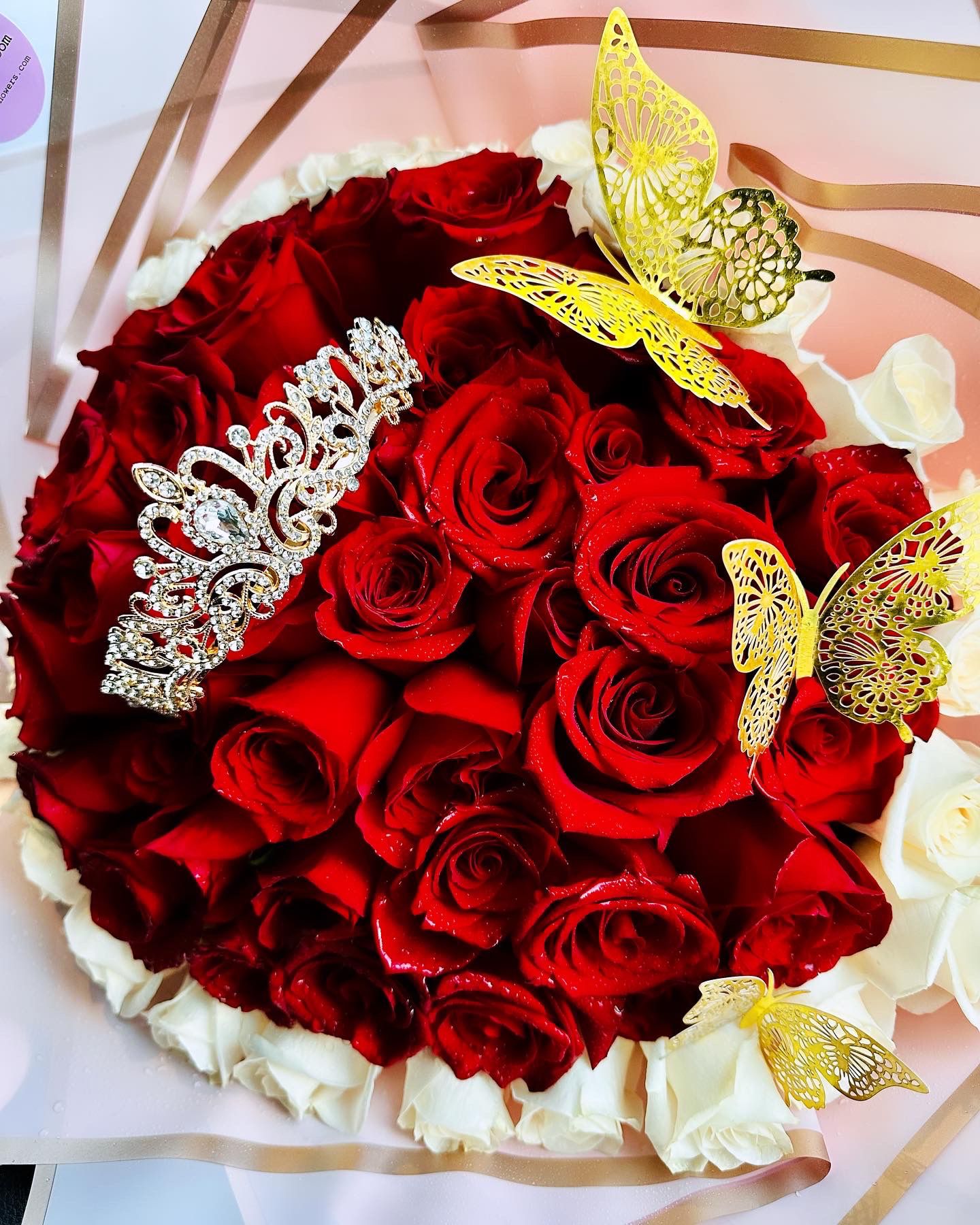 40 premium red roses+butterflys+crown and ribbon