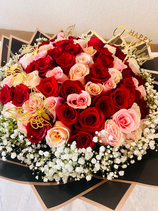 100 premium roses bouquet + baby breath