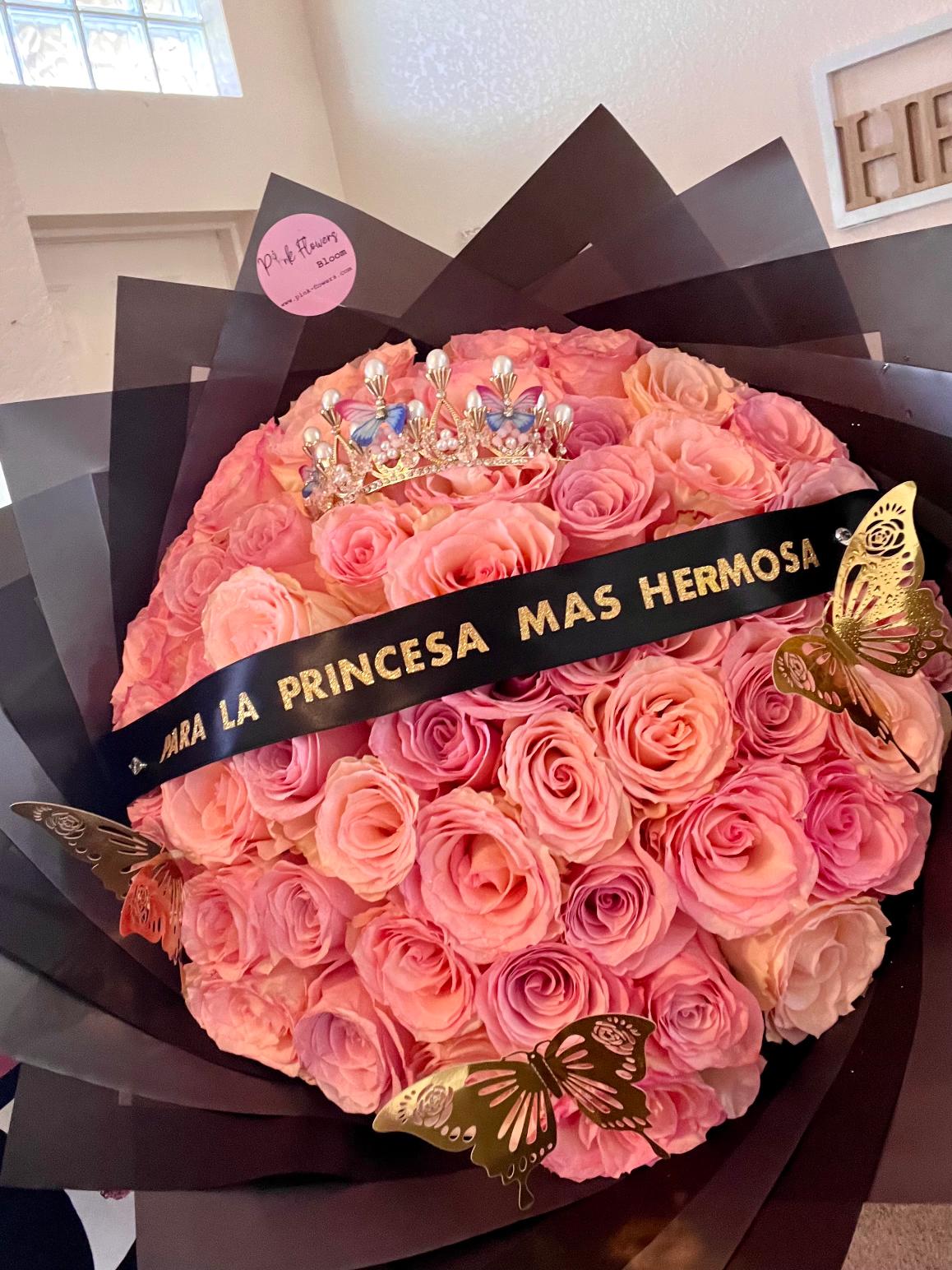 50 premium pink roses+butterflys+crown and ribbon