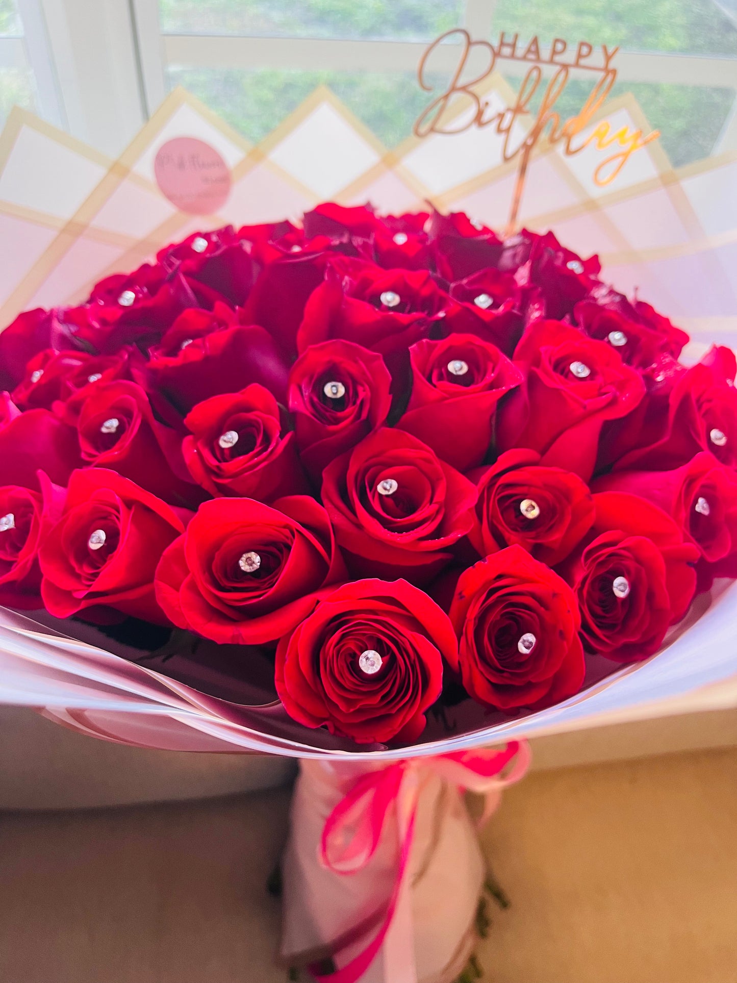 50 Red premium roses with gemstones