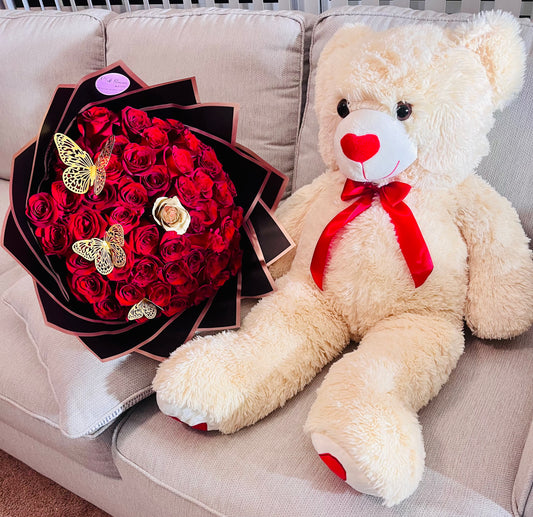 50 Red roses bouquet + teddy bear