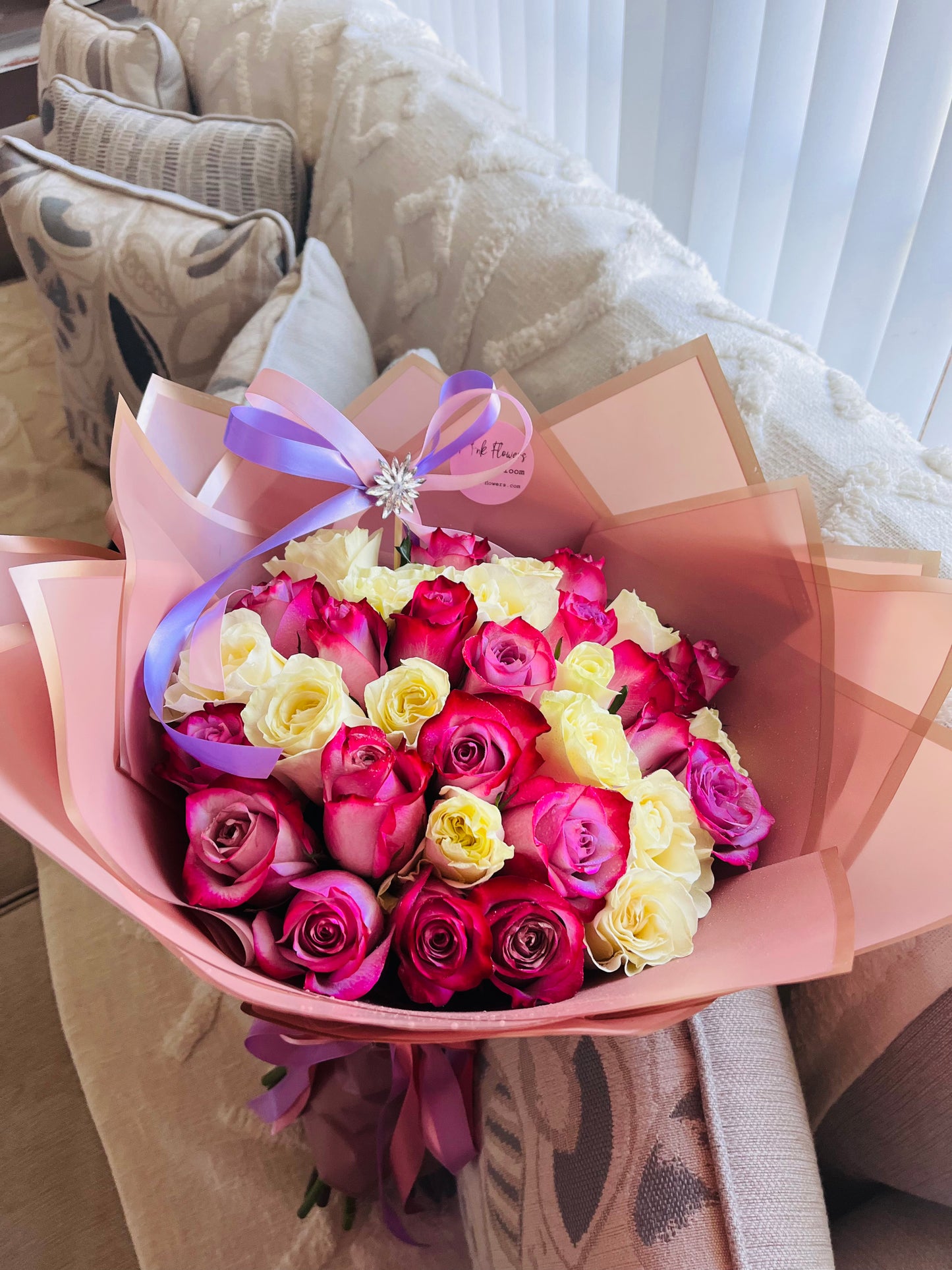 25 White and Purple Premium Roses Bouquet